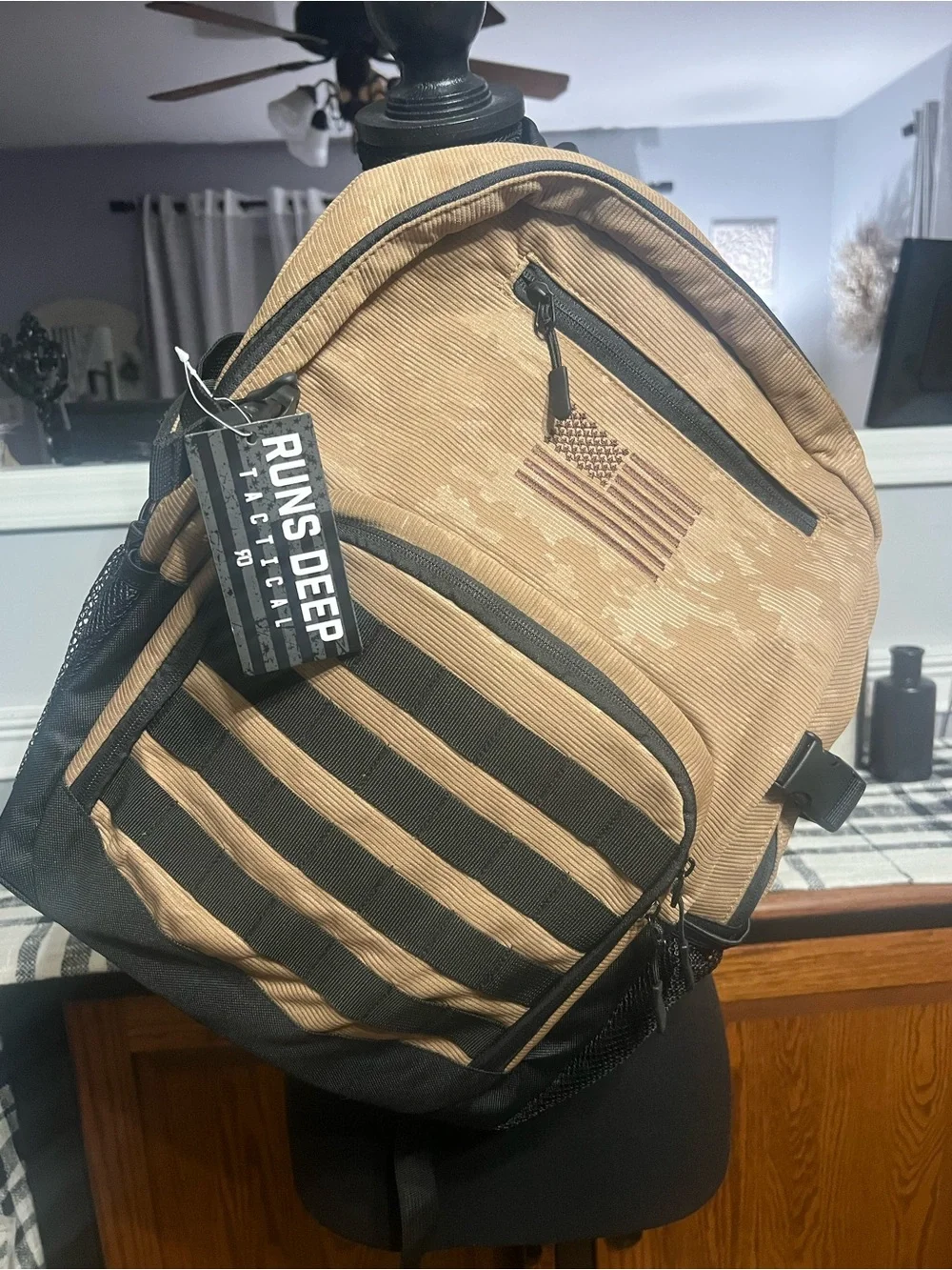 Tactical Tan & Black Men's Backpack with American Flag Accent NWT Unisex